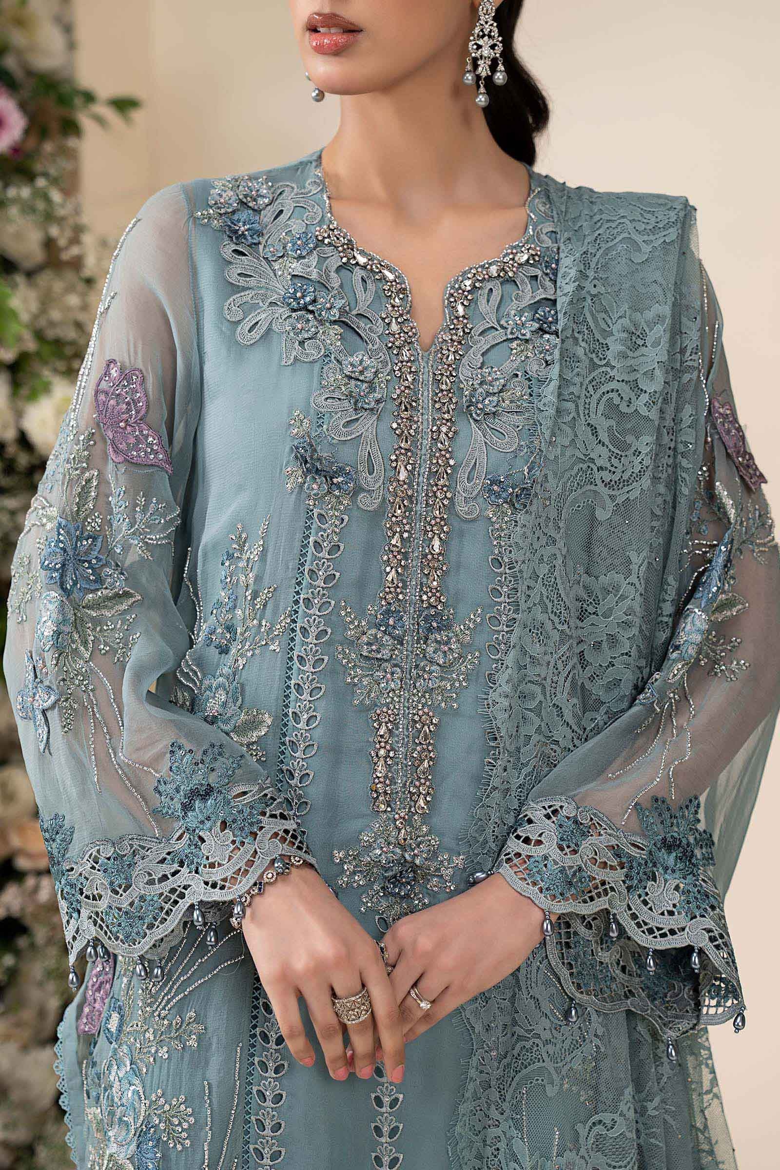 3 Piece Embroidered Chiffon Suit aqua pakistani fashion outfit in…